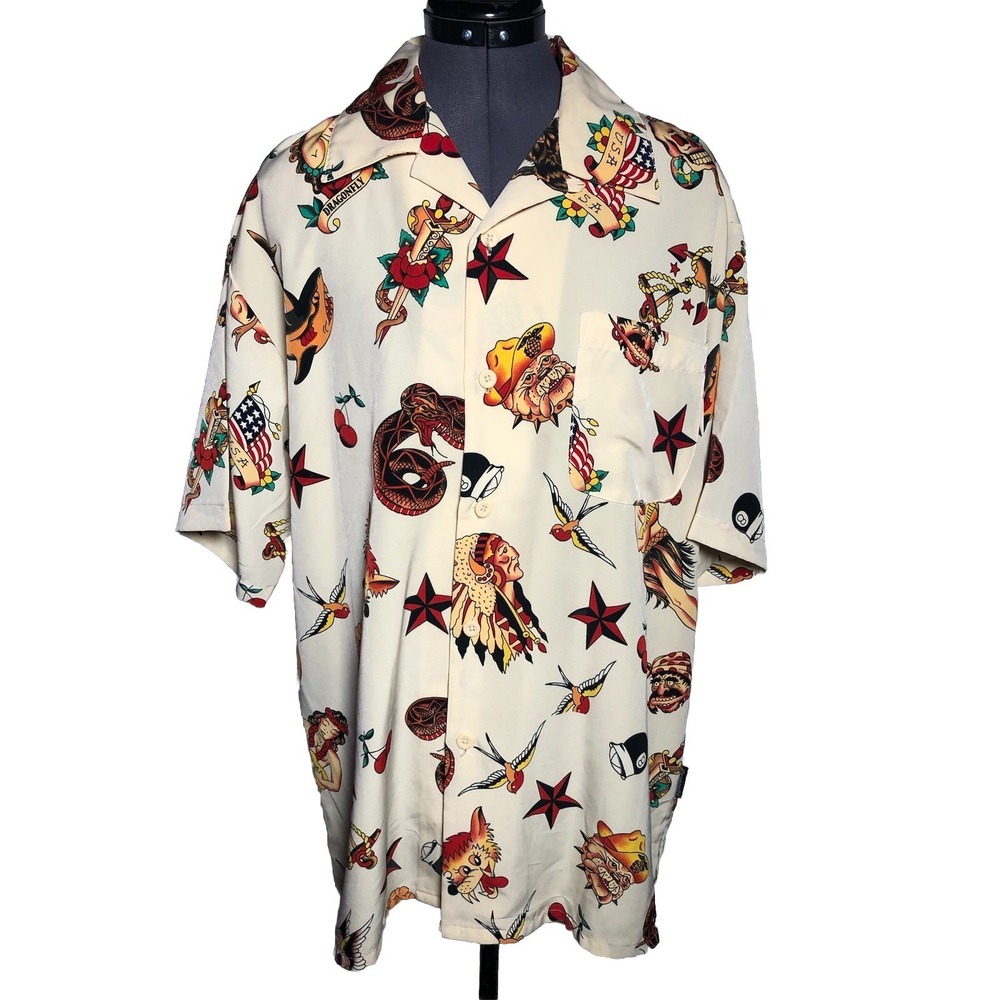 Vintage Dragonfly Pinup‎ Tattoo Rockabilly Shirt Vintage Aloha Style USA Theme L
